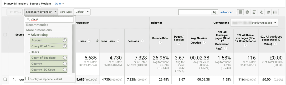 Add a secondary dimension to view locations your traffic came from