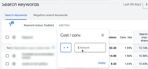 Adding a filter to data in Google Ads