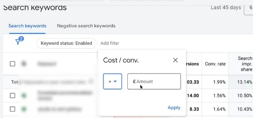 Adding a filter to data in Google Ads